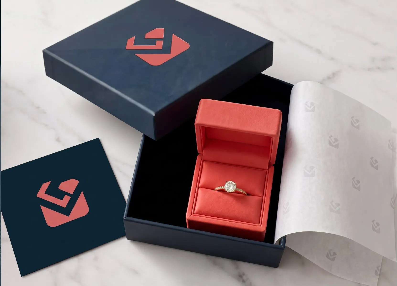 MyDiamondFinder navy gift box with a red ring box inside