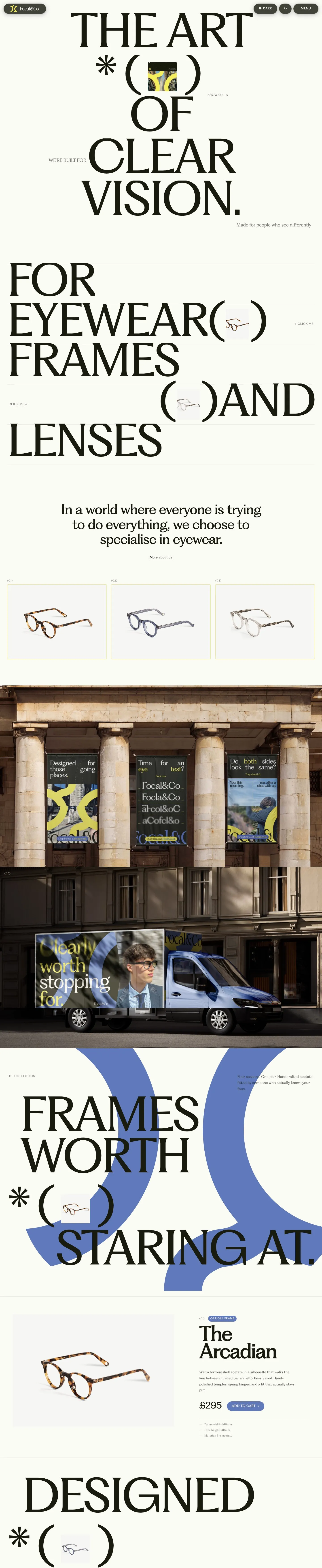 The full Focal & Co. homepage: the art of clear vision, the collection, posters, van livery and frames