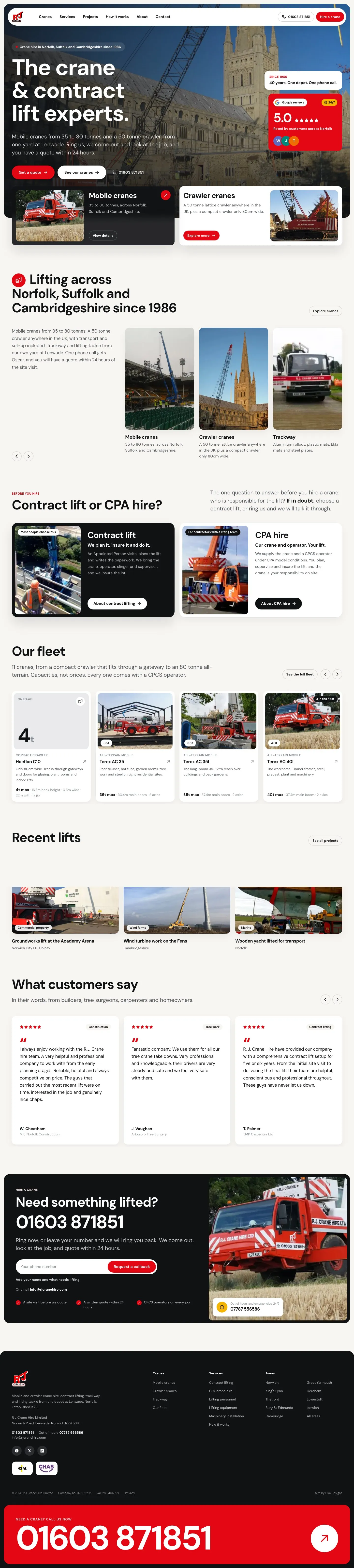 The full RJ Crane Hire homepage, from the cathedral hero to the phone number in the footer