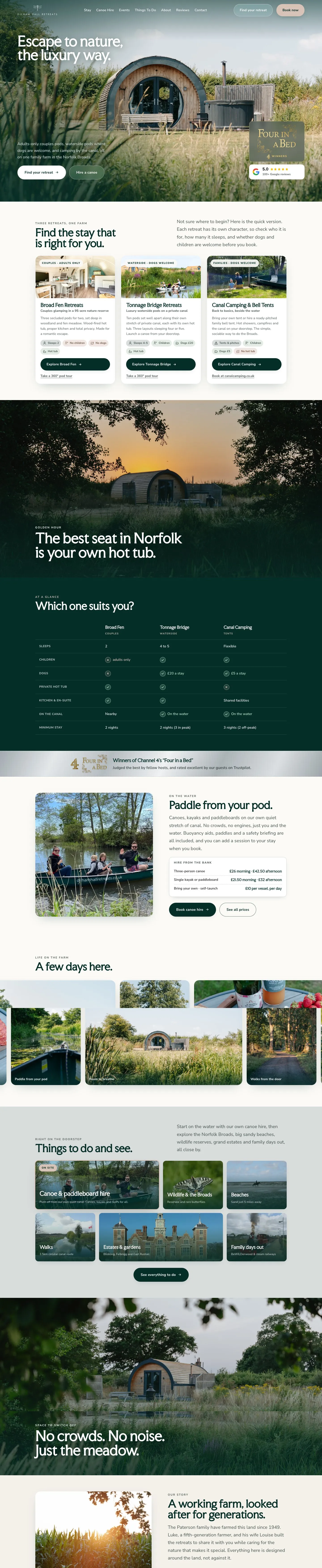 The full Dilham Hall Retreats homepage: the three retreats, a comparison table, canoe hire, things to do, events and FAQs