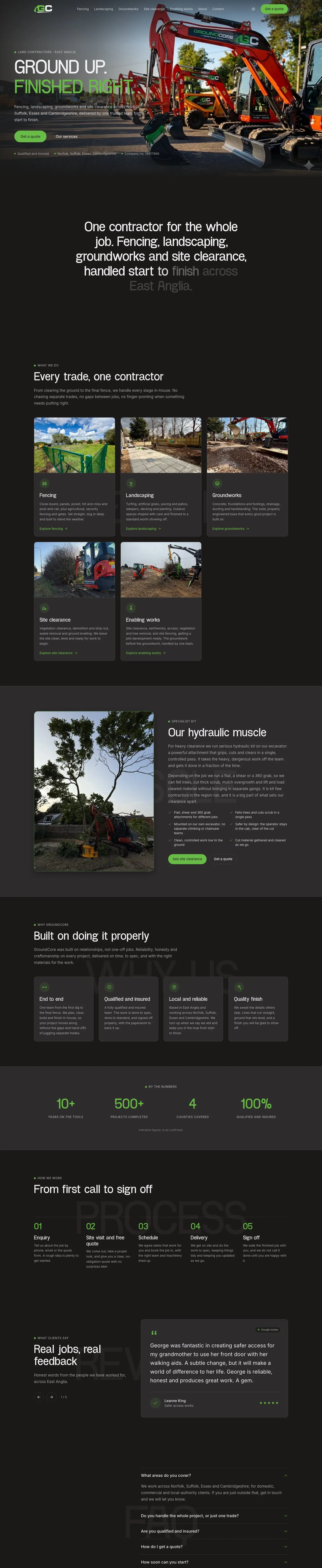 The full Groundcore Contractors homepage, from the excavator hero to the FAQs