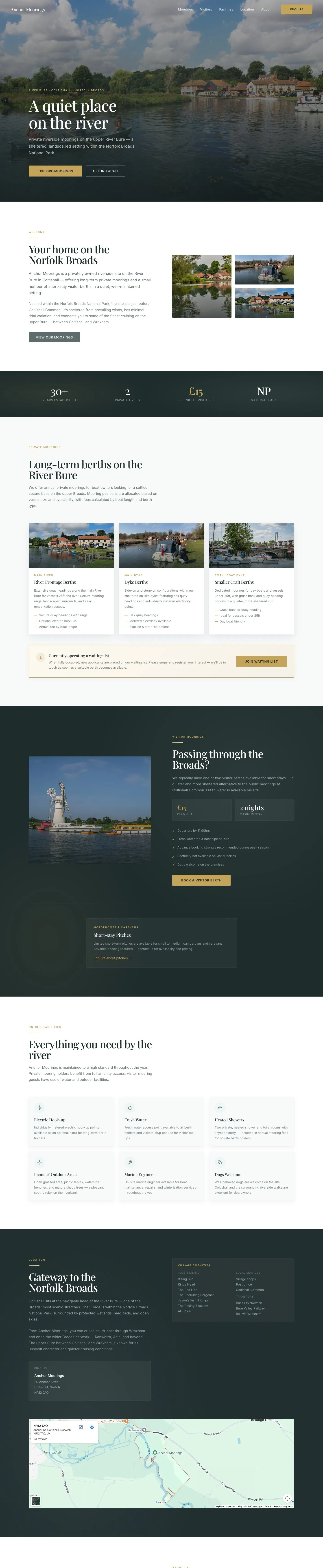 The full Anchor Moorings homepage, from the river hero to the location map