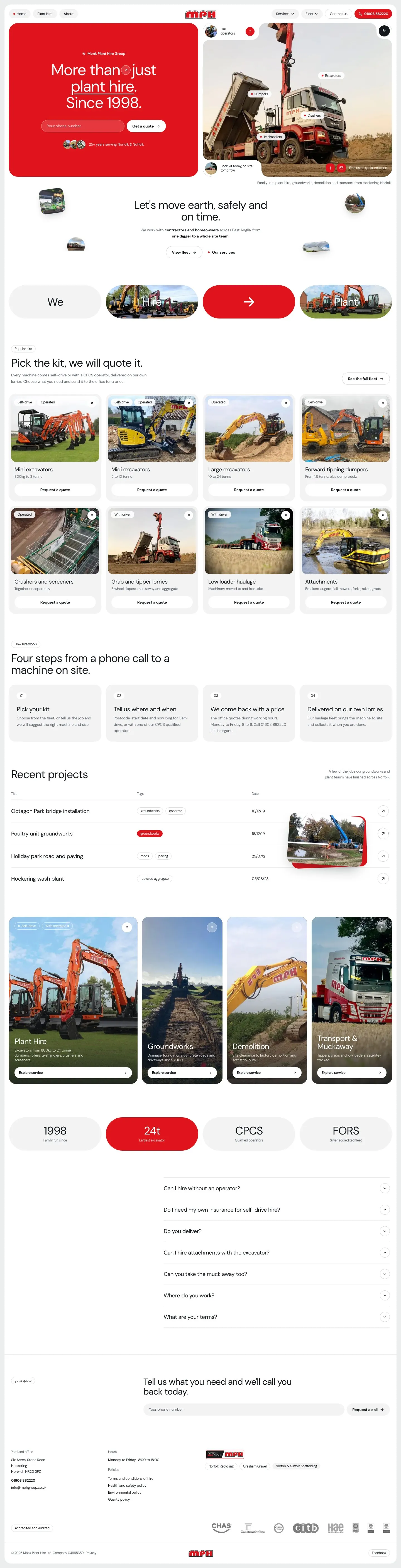 The full Monk Plant Hire homepage, from the red hero to the accreditations in the footer
