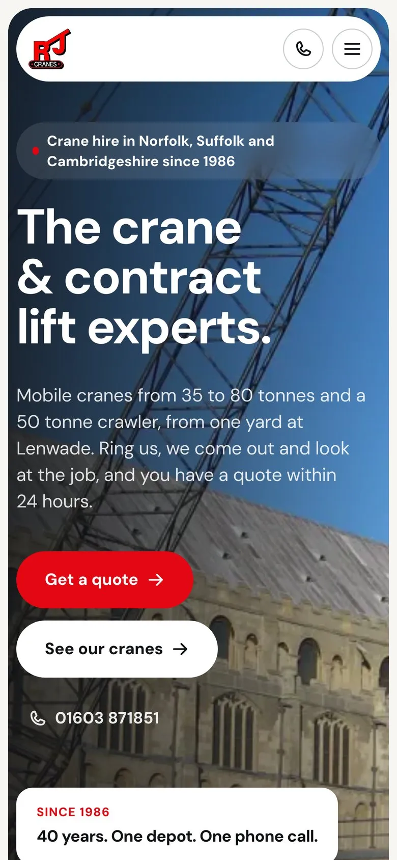 RJ Crane Hire homepage on a phone