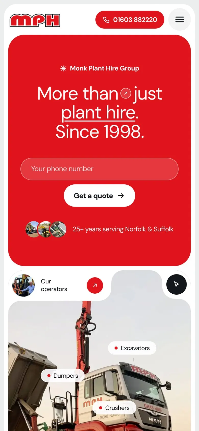 Monk Plant Hire homepage on a phone