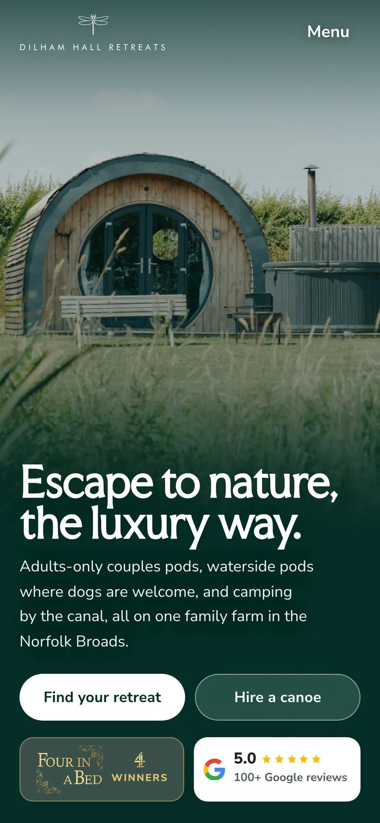 Dilham Hall Retreats homepage on a phone