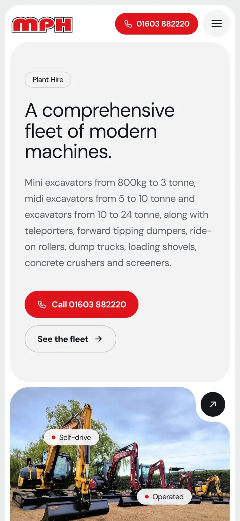 Plant hire page on a phone
