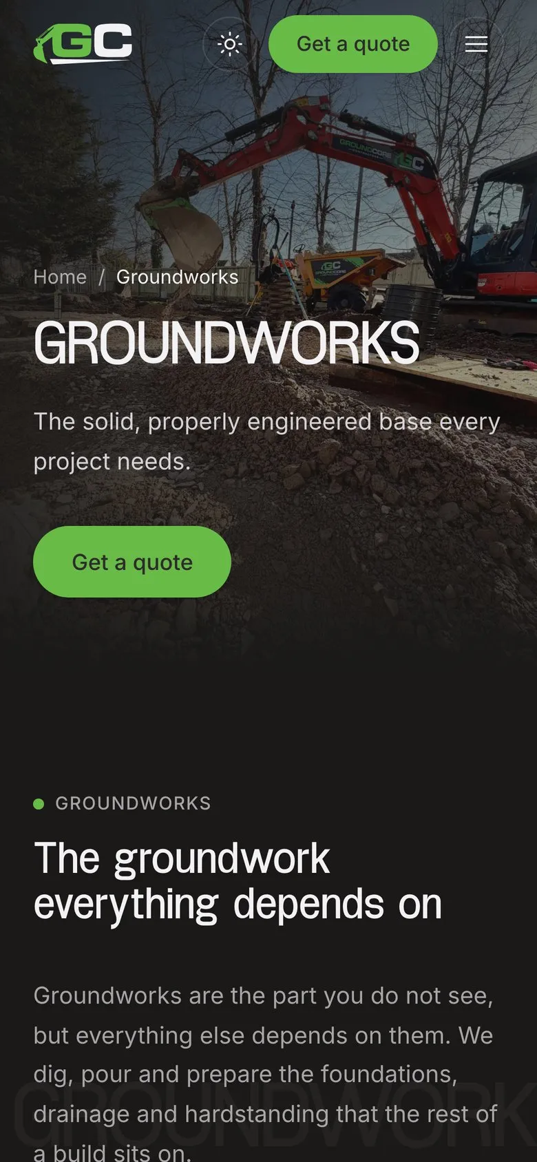 Groundcore groundworks page on a phone