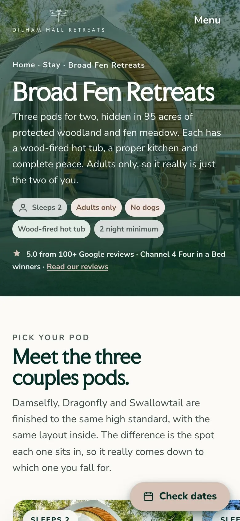 Broad Fen Retreats page on a phone