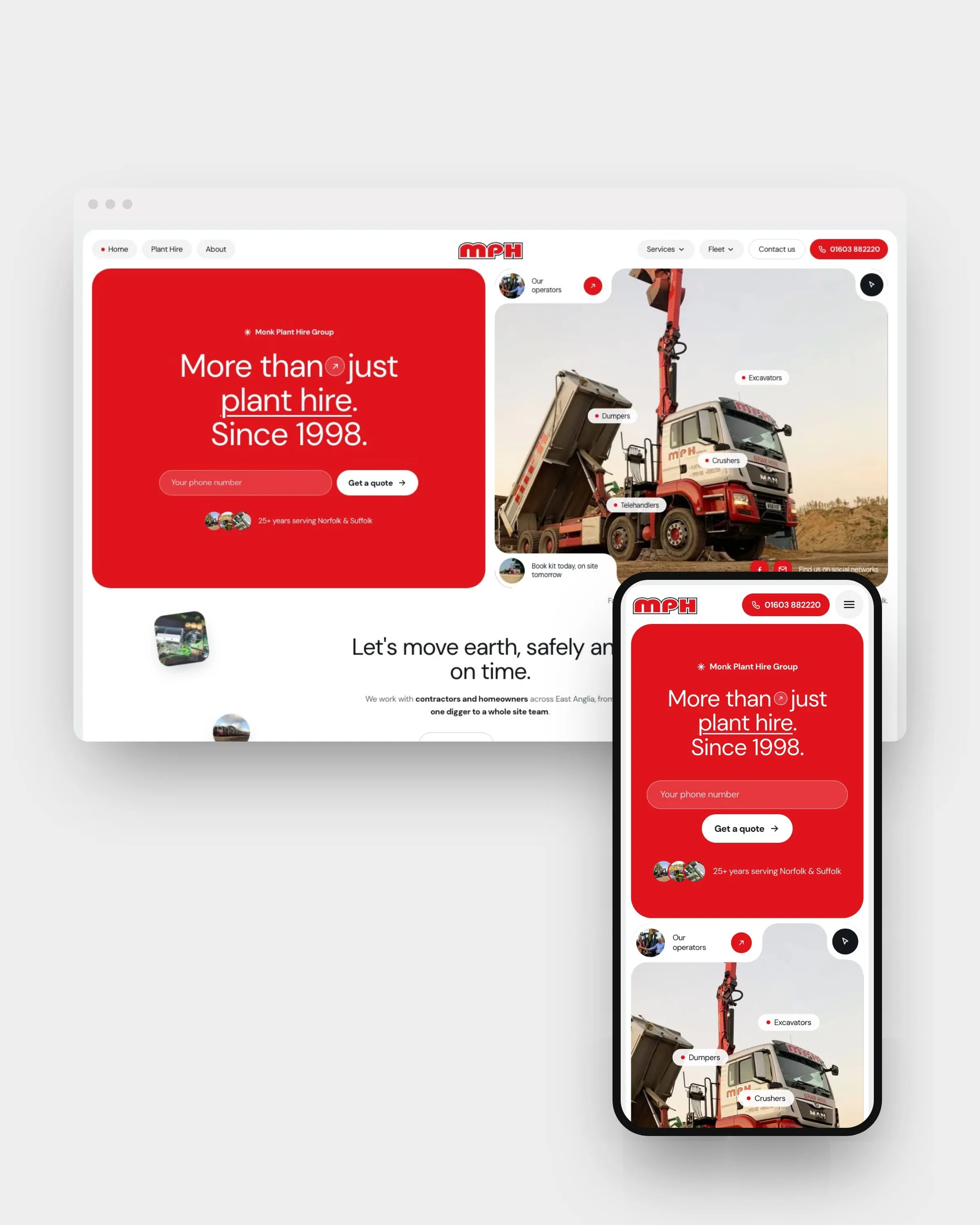 Monk Plant Hire website on a desktop and a phone