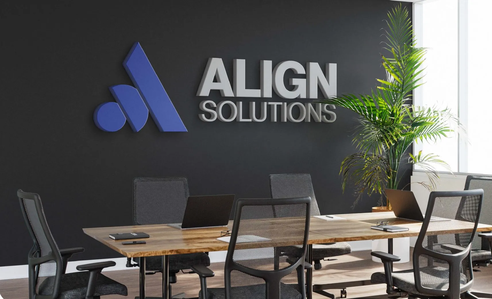 Align Solutions dimensional logo on a boardroom wall