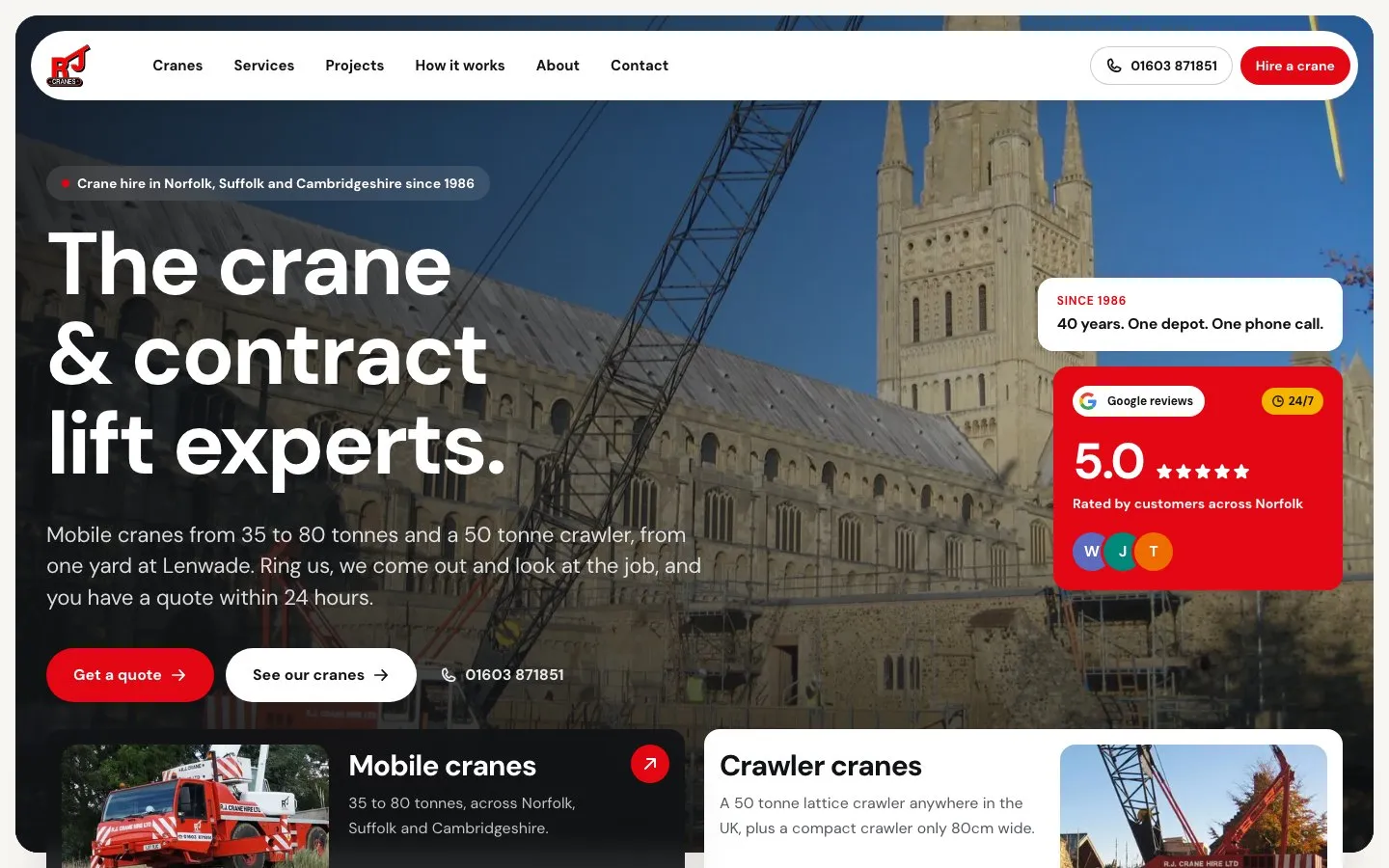 RJ Crane Hire website homepage