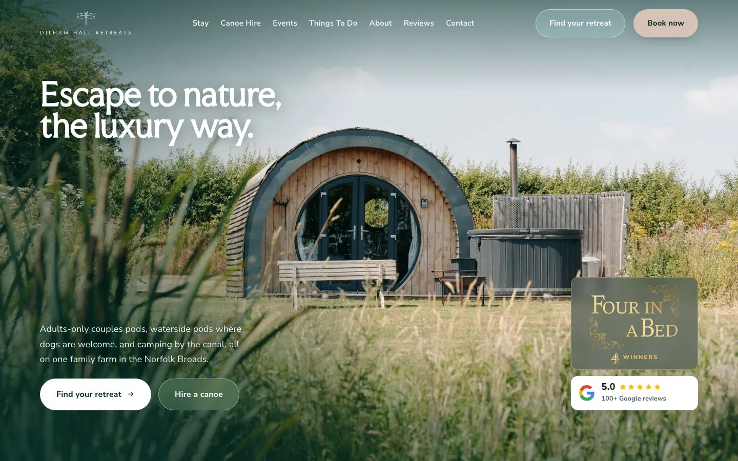 Dilham Hall Retreats homepage: Escape to nature, the luxury way
