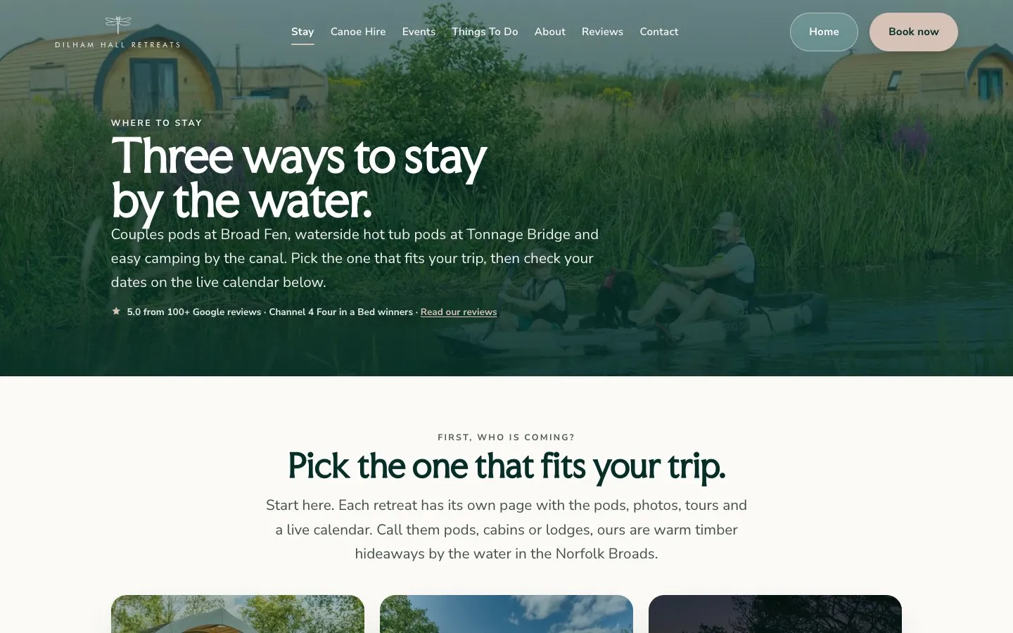 Stay page: three ways to stay by the water