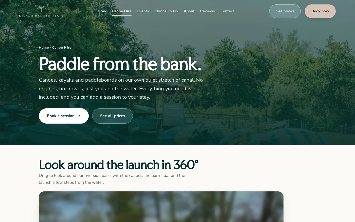 Canoe hire page: paddle from the bank
