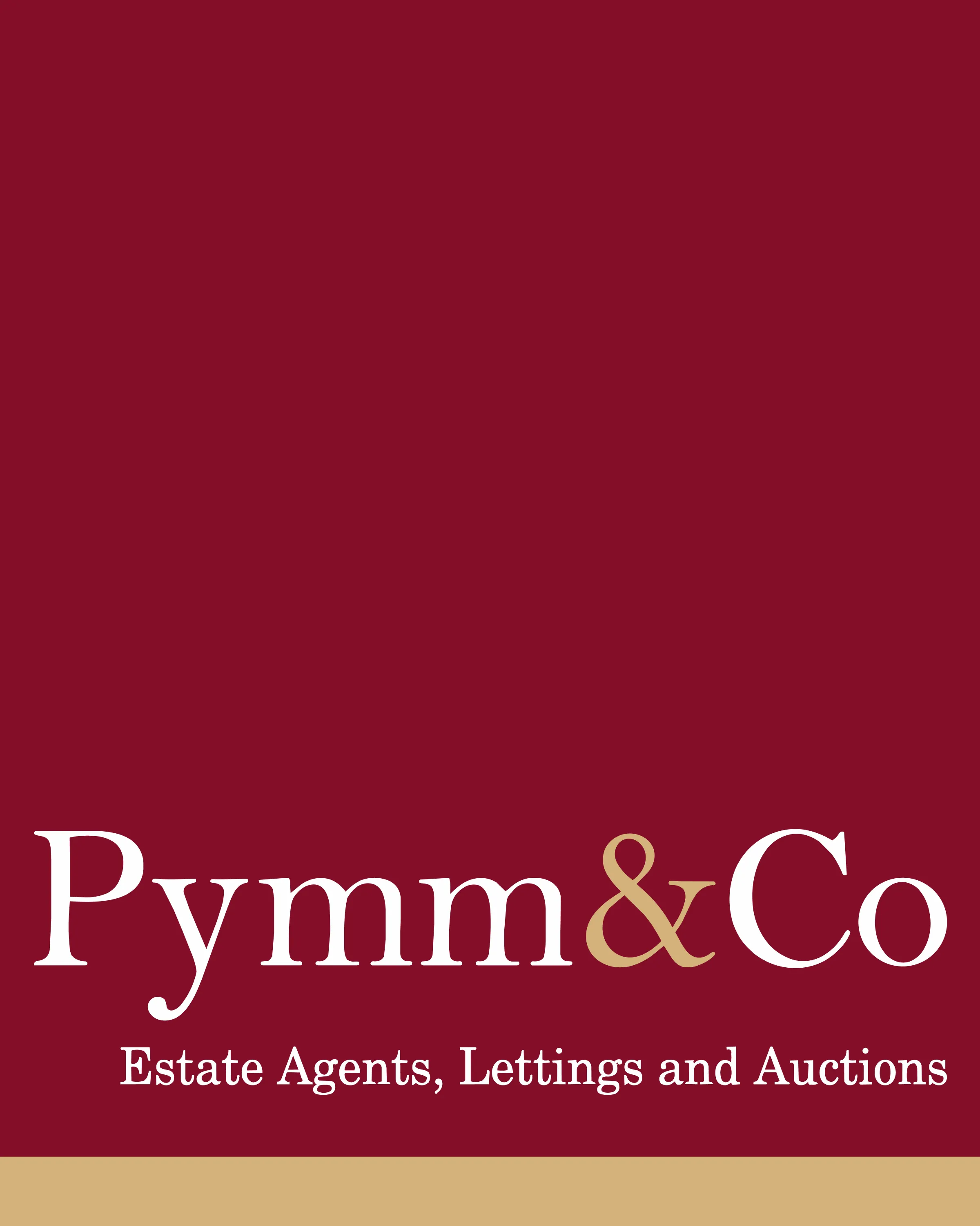 Pymm & Co. wordmark in white and gold on claret