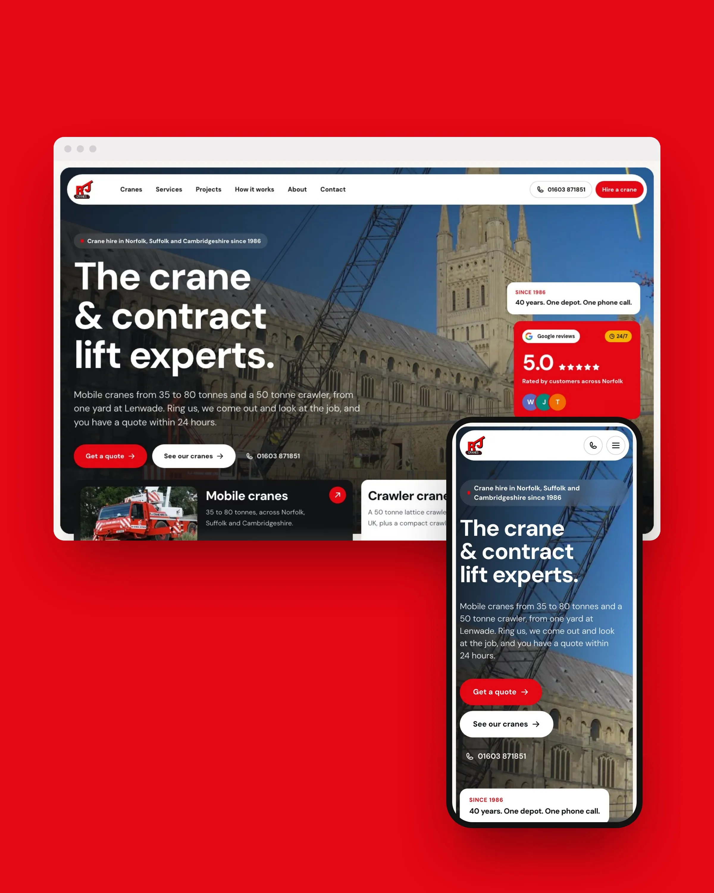 RJ Crane Hire website on a desktop and a phone