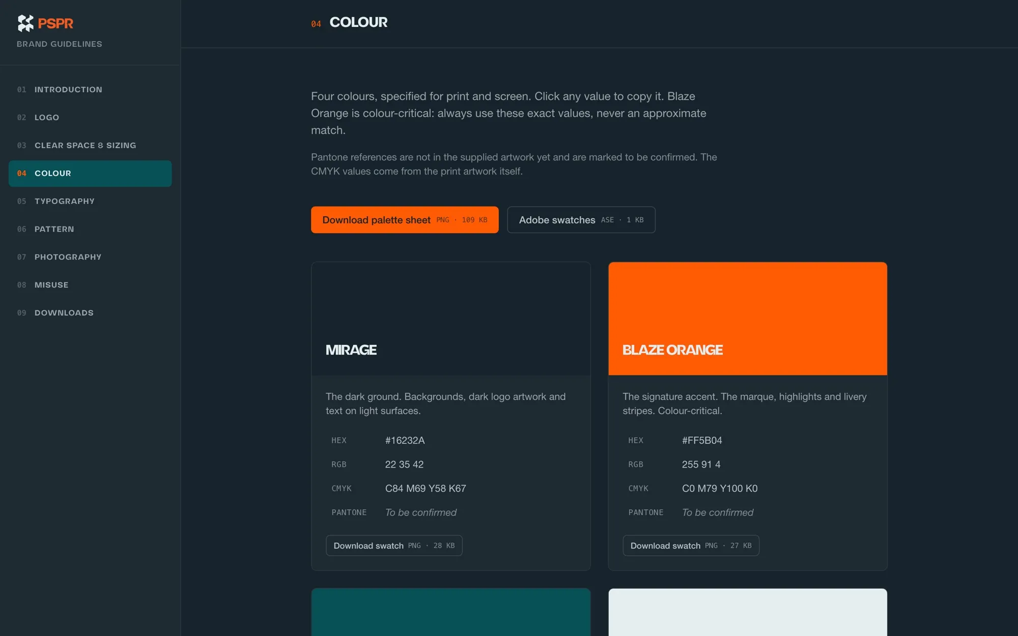 Colour section with copyable values