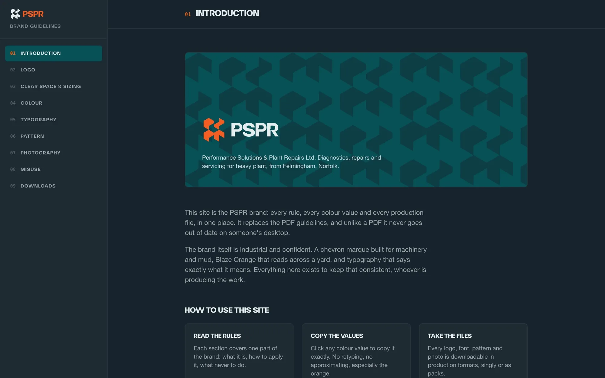 PSPR brand guidelines website, introduction page